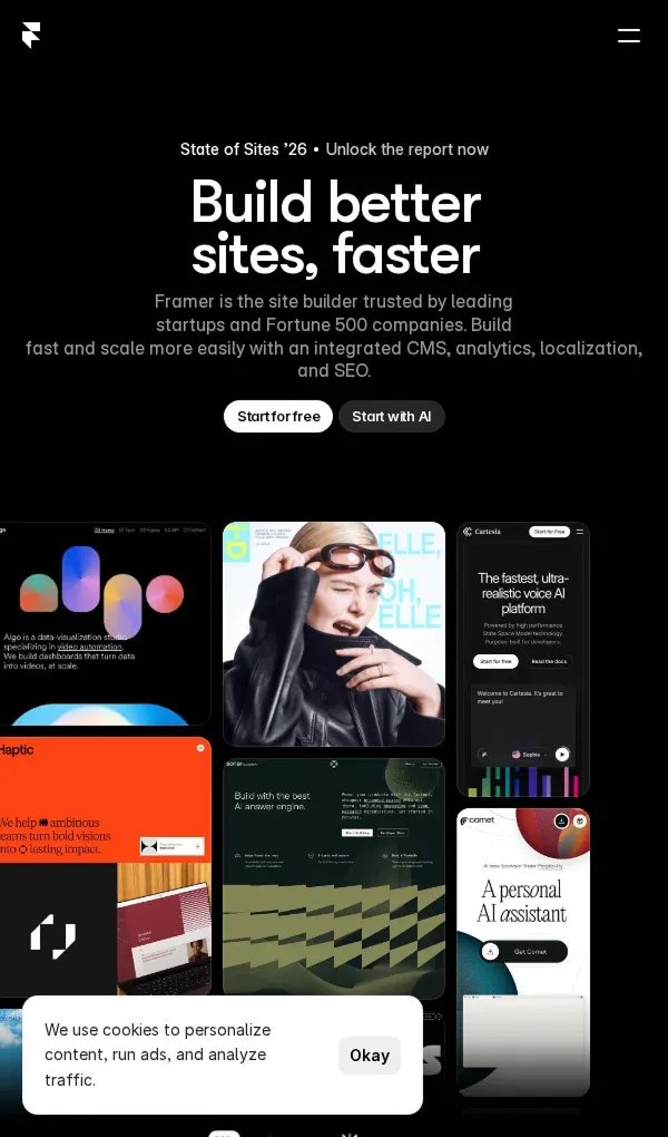 Framer: Create a professional website, free. No code website builder loved by designers.のモバイルサイズの画像