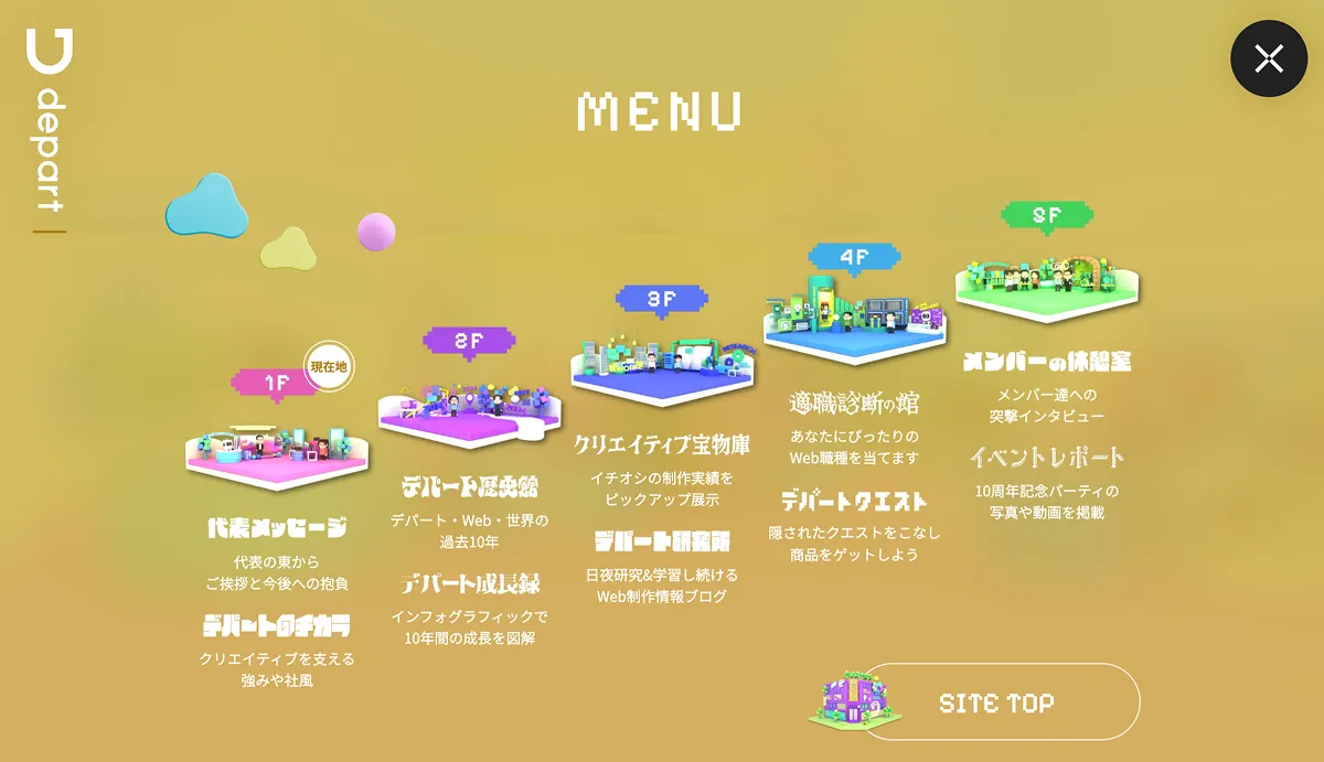 株式会社デパート 創立10周年特設サイトのPCサイズのメニュー画像