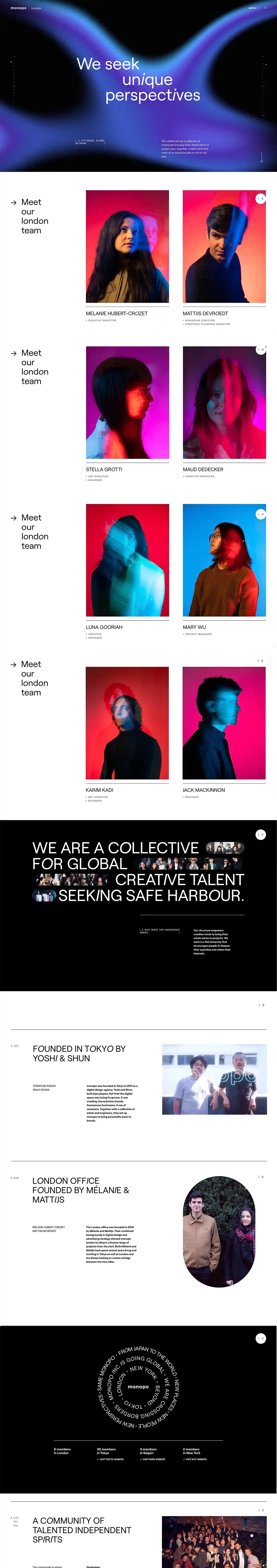 monopo london | Tokyo-born design-driven creative agency.monopo londonのPCサイズのAboutページ画像